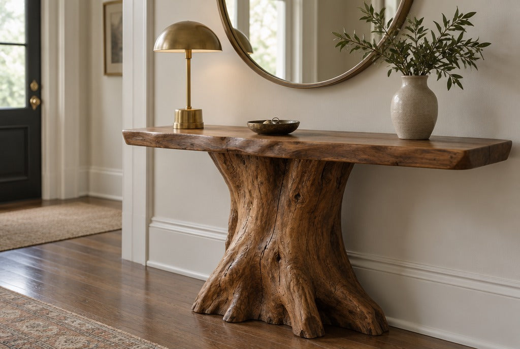 A sculpted solid wood console table with a tree trunk base in a classic entry hall with a round mirror, a brass lamp and a bowl for keys