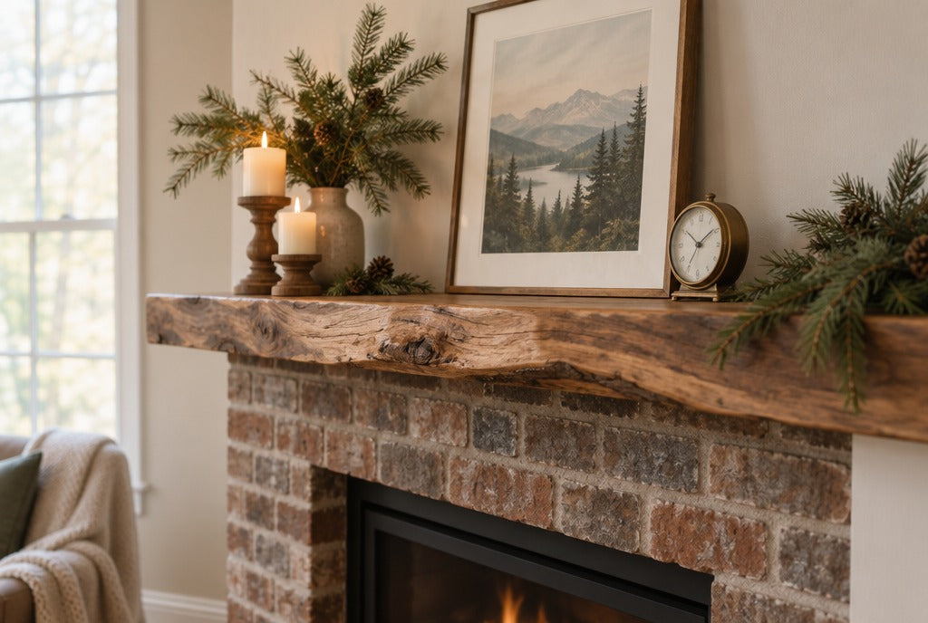A live edge solid wood mantel shelf above a brick fireplace with candles, a small clock, evergreen branches and a framed print, warm light