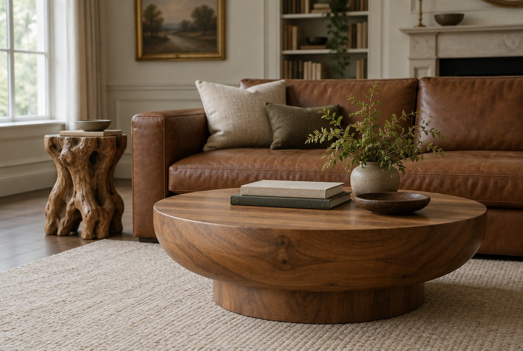 A round sculpted solid wood coffee table on a wool rug in front of a leather sofa with a root-form side table beside it in a classic living room