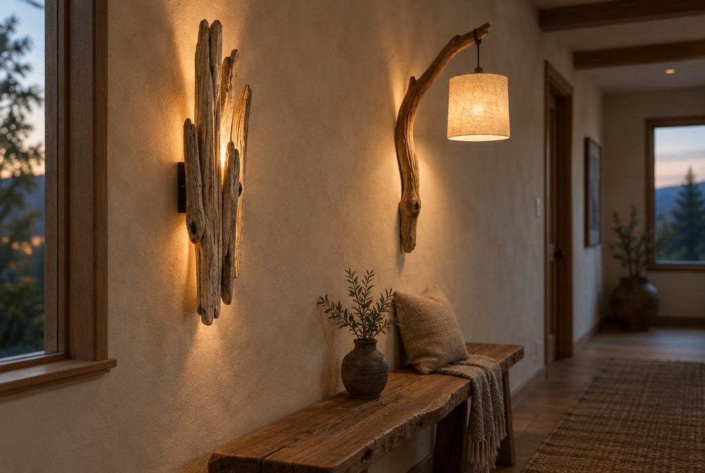 A rustic driftwood wall sconce and a carved branch wall lamp glowing warmly in a hallway with plaster walls and a wood bench beneath, evening