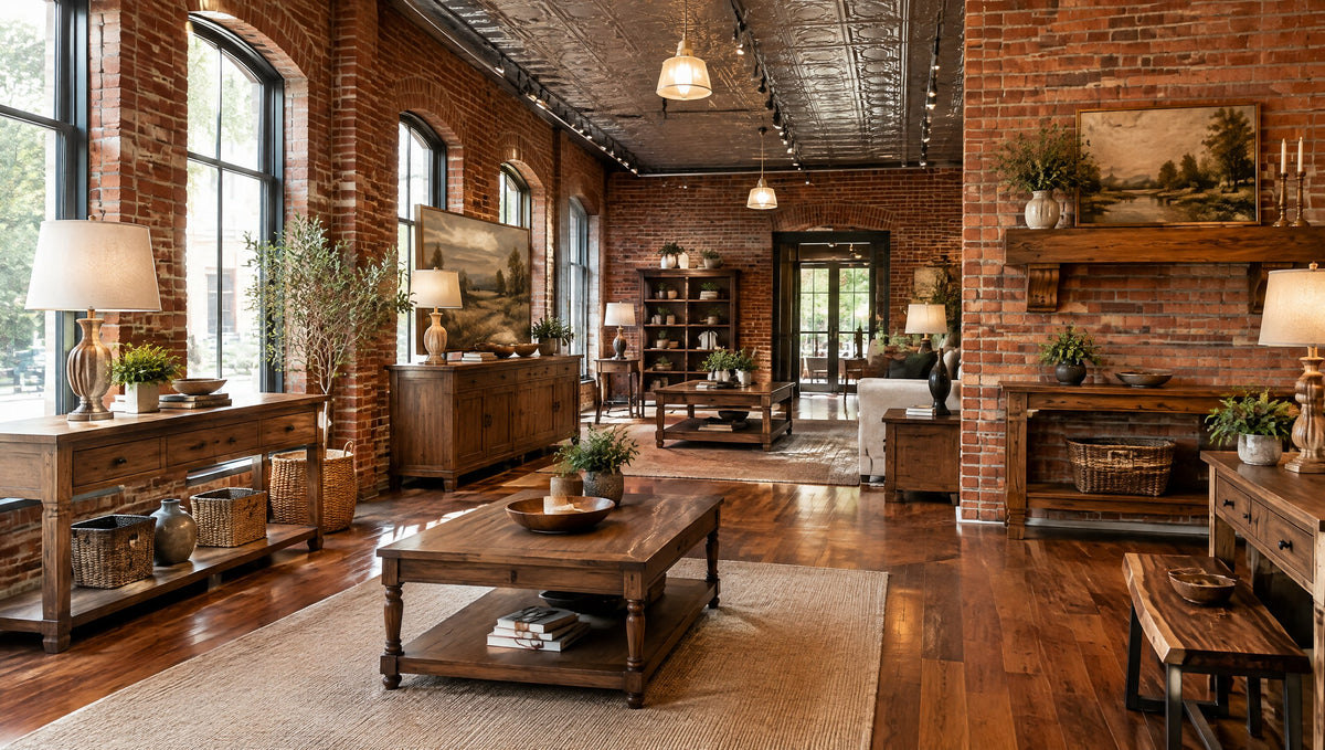 A restored brick storefront with newly built classic-style solid wood consoles, tables, mantel shelves and wood lamps