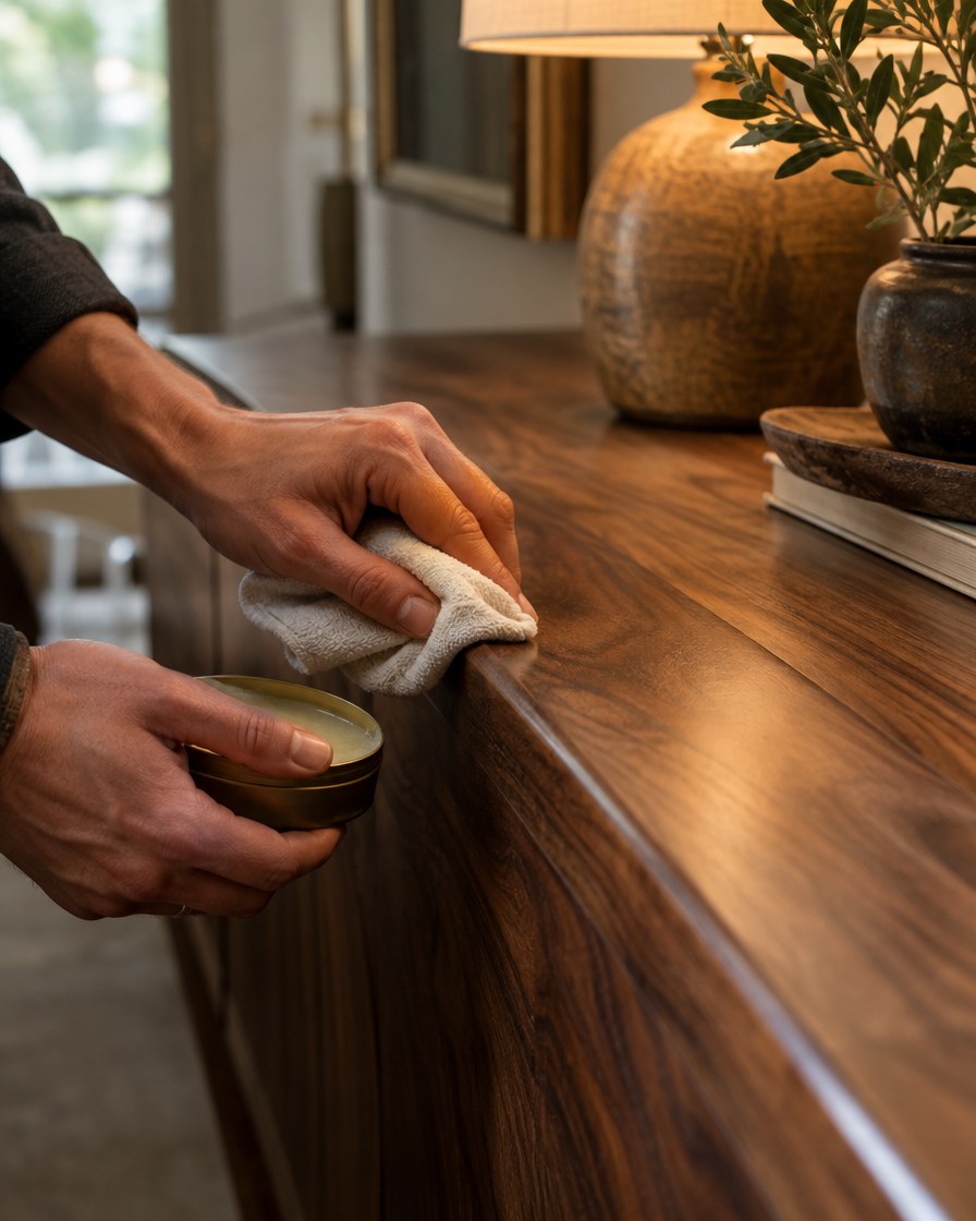 Hands waxing the edge of a solid walnut console top