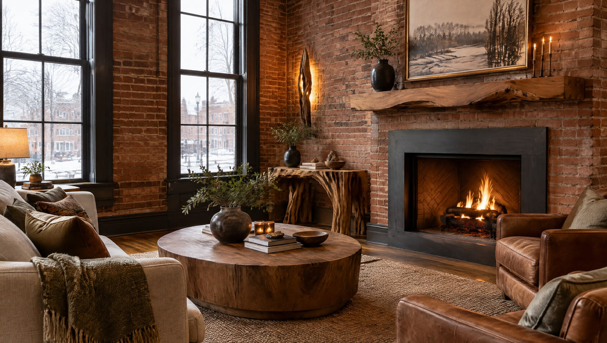 A classic living room with a live edge mantel shelf, a sculpted wood console and a round wood coffee table