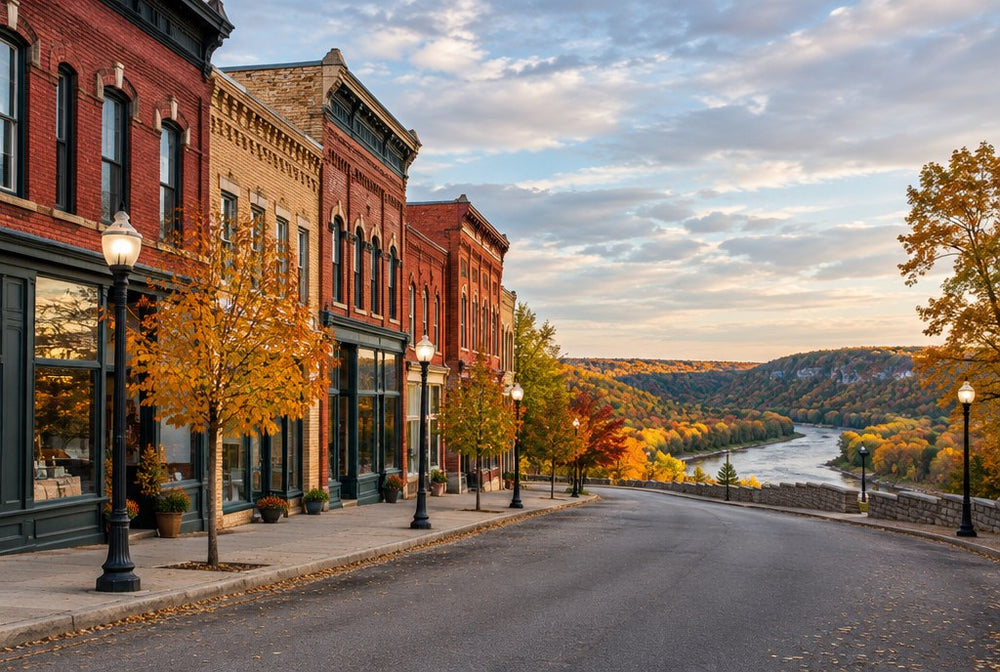 A historic Minnesota Main Street of brick storefronts in autumn